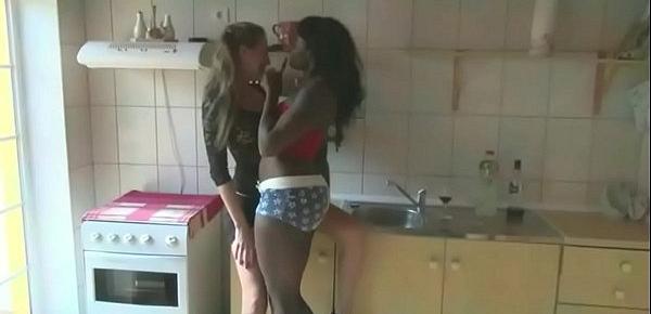  Interracial Threesome! Two Sluts get Fucked In The Kitchen
